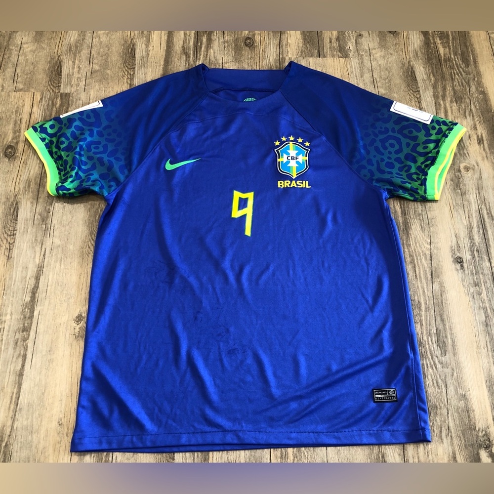 Nike Brazil 2022 FIFA World Cup Away Jersey #9 Authentic Blue Men's XL Dri-FIT